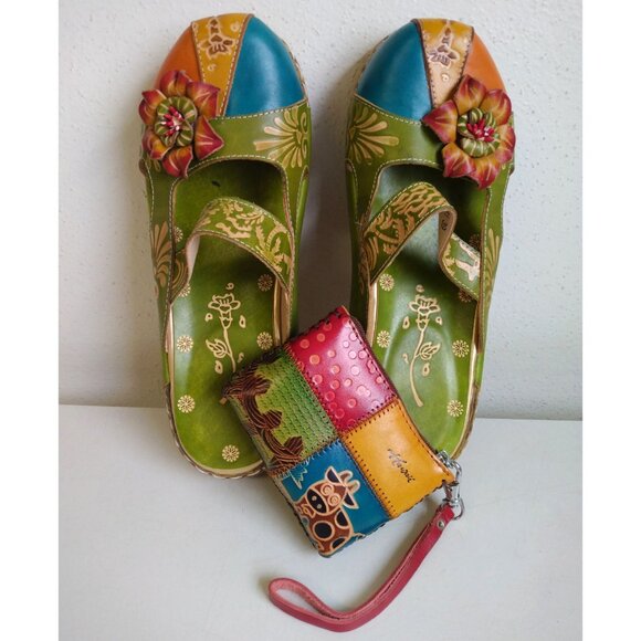 Women's Leather Flower Boho Sandals and Coin Purse Wristlet - Picture 5 of 16